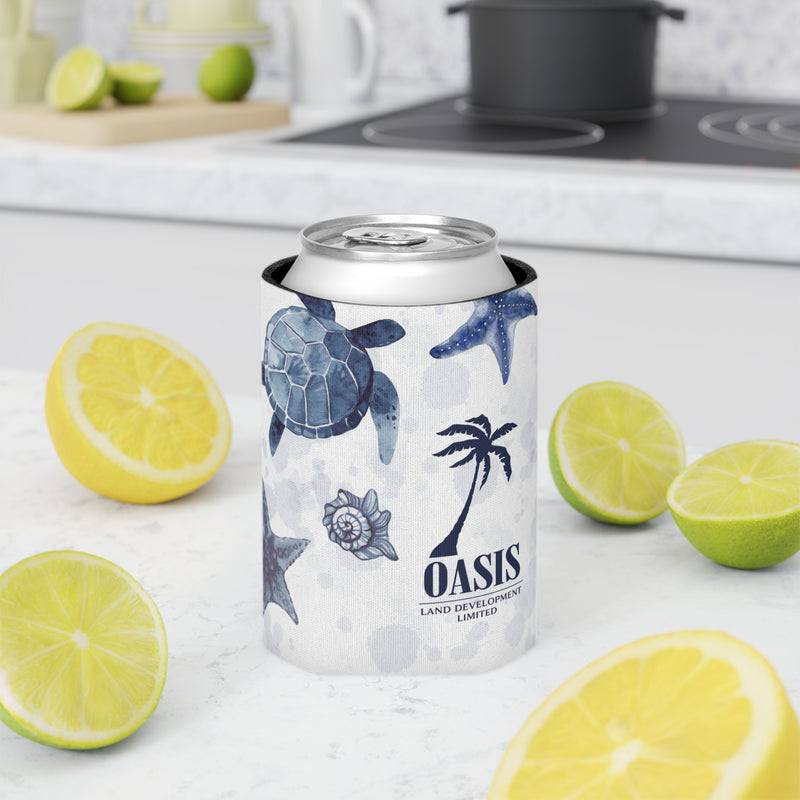 Can Cooler — Coastal Blue Seashell & Turtle Drink Koozie (OASIS Logo)
