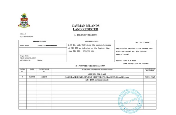 Official Cayman Islands Government Land Registry extract confirming freehold title