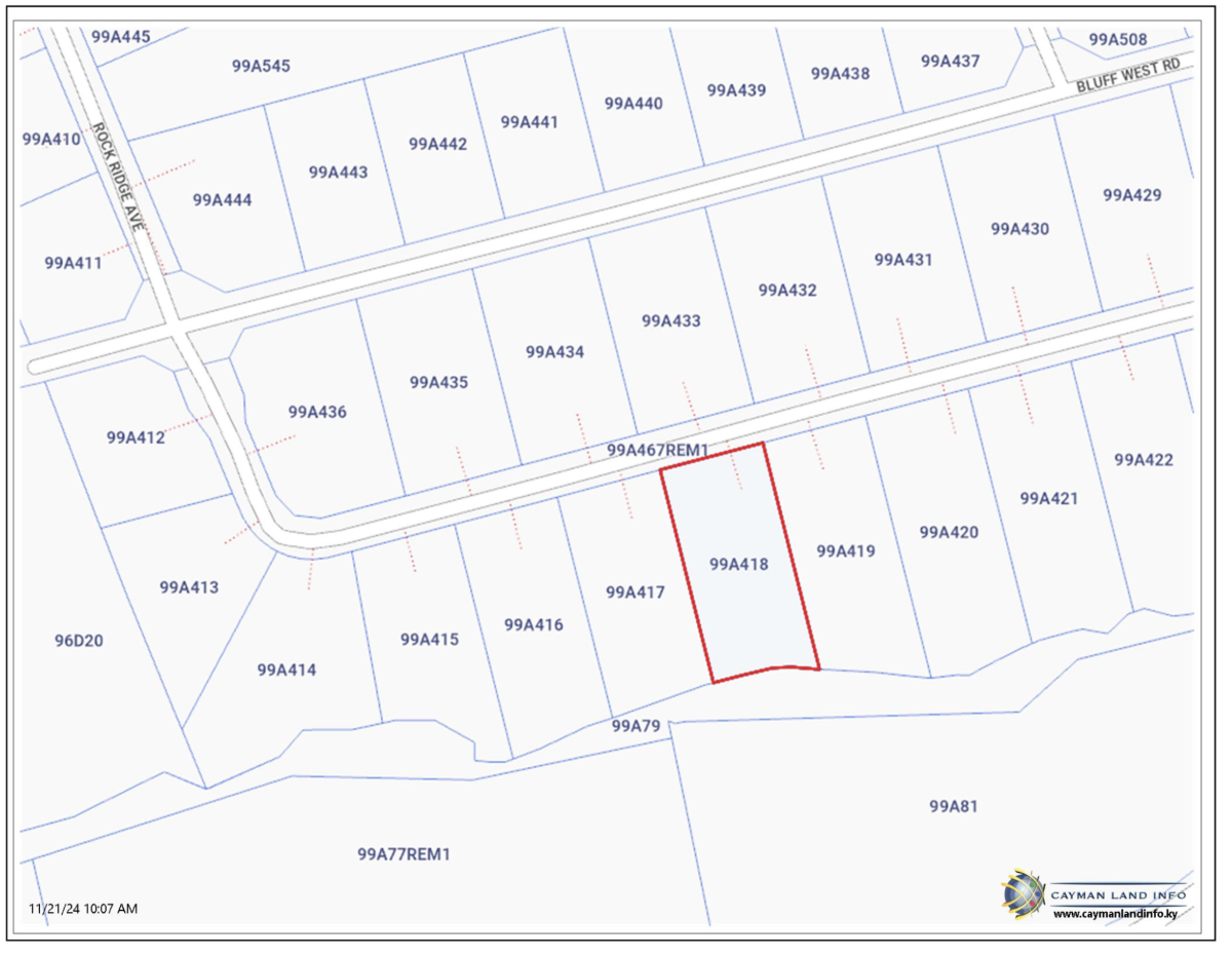 Government registry map with parcel 99A 418 outlined in red