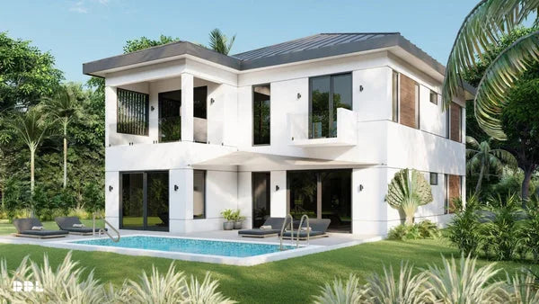 The Aria architectural concept, an illustration of a potential home design rather than a house included with the land
